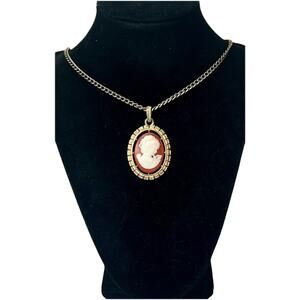 Vintage Cameo or Fleur De Lis REVERSIBLE Pendant Necklace Gold Tone - 28”